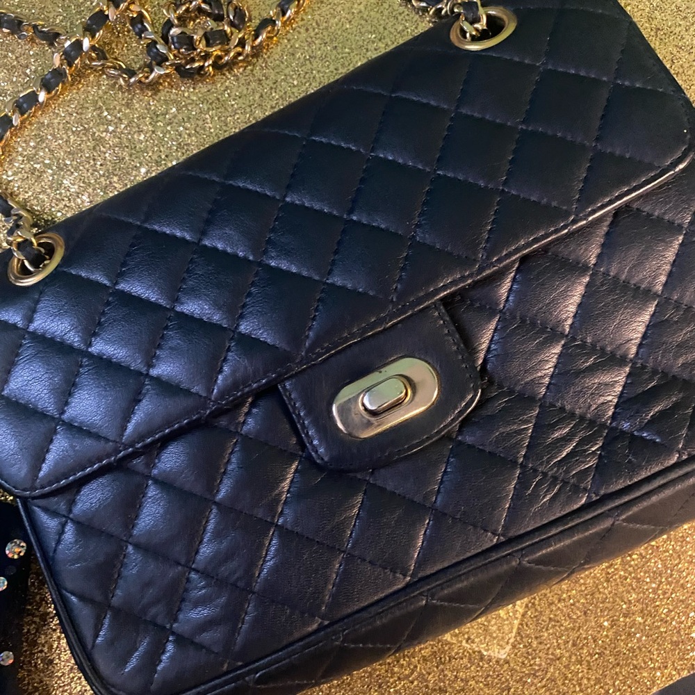 KORET VNTG MIDNIGHT NAVY GOLD QUILTED LEATHER CROSSBODY LUX Bag GORG RARE M - Picture 3 of 15
